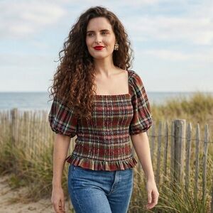 American Eagle Plaid Smocked Puff-Sleeve Milkmaid Blouse - Red Tartan - XL